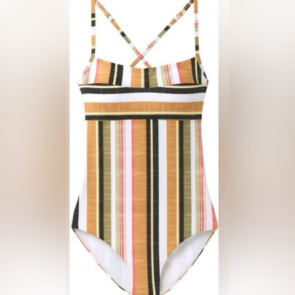 Prana Striped One-Piece Swimsuit in Mustard, White, Black & Pink
